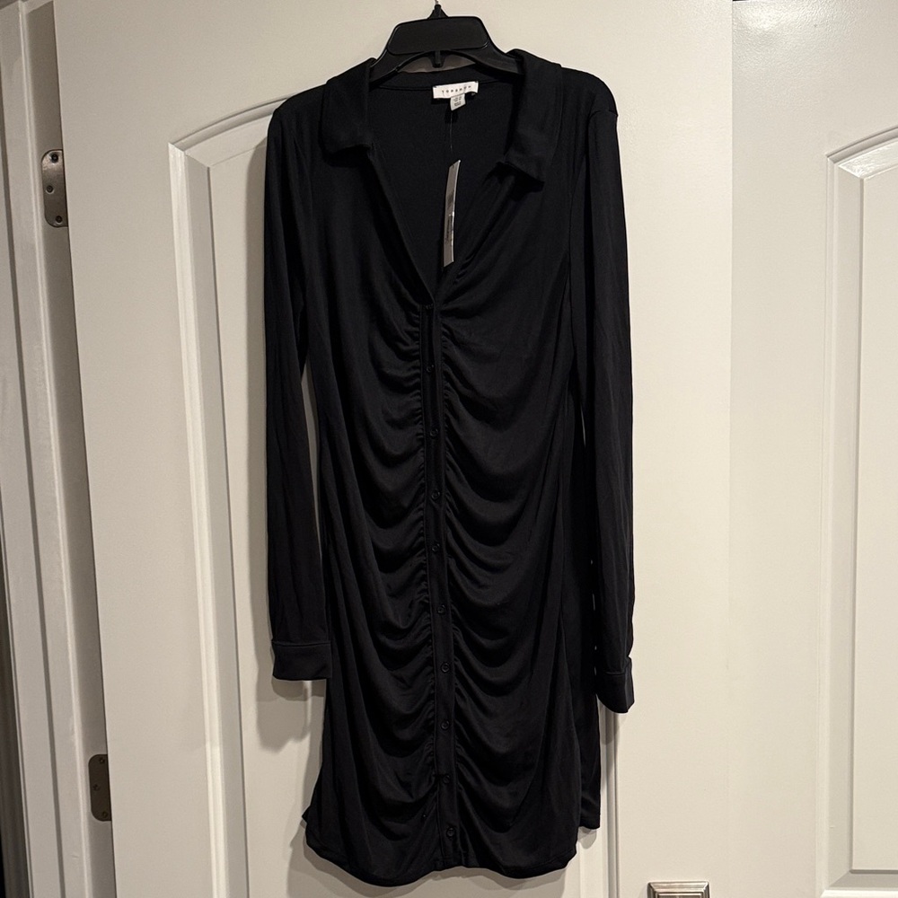 Topshop Black Long Sleeve Ruched Dress